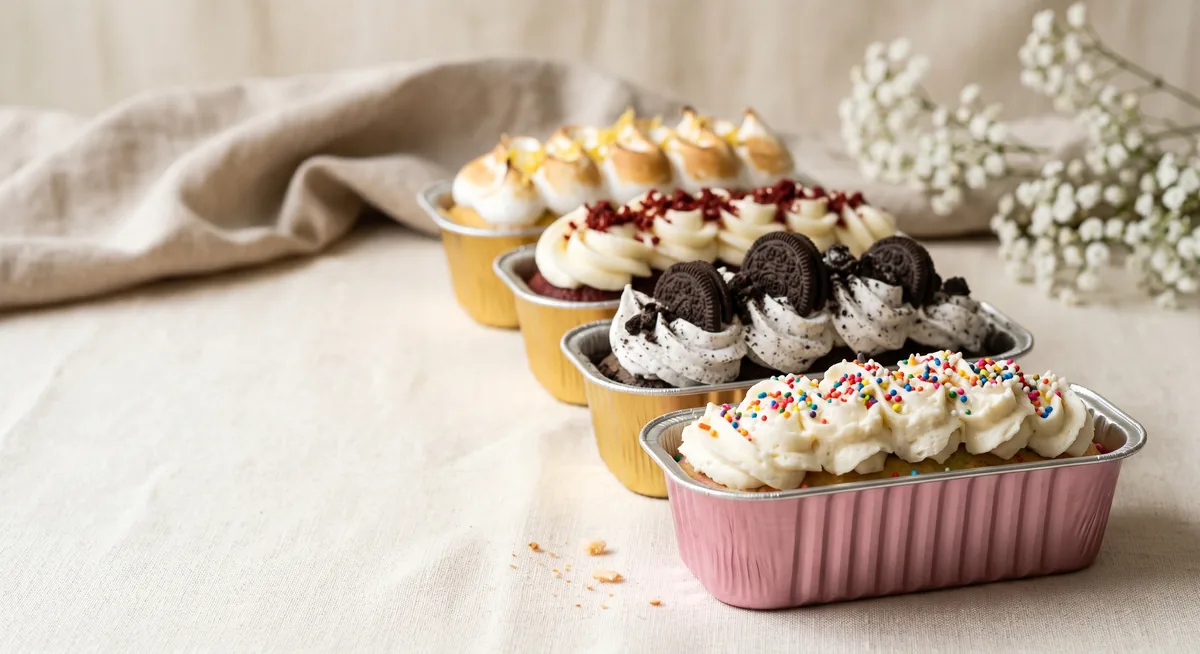 Los sabores de cupcakes artesanales de Bumblebee Cookies en sus panes de aluminio